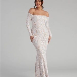 SIERRA SEQUIN OFF THE SHOULDER FORMAL DRESS